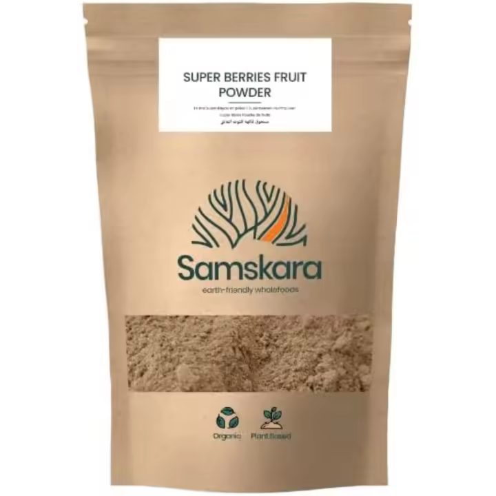 Super Berries Fruit Blend polvo para mezclar  Maca, Acai, Camu, Acelora, Blue berry, Lucuma, Maca y Baobab  BIO Organic  para batidos. bols de desayuno  Sabor superalimento natural (150g x1 pack)  Samskara - 1