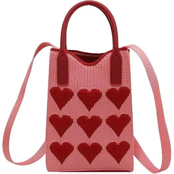 Bolso bandolera para teléfono móvil para Mujer, Pequeño Bolso de crochet con estampado de Corazones, color rosa - 1