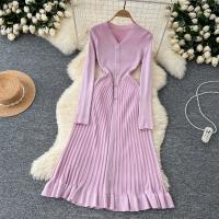Vestido Largo Maxi Rosa Francés De Moda Con Volantes Y Cuello En V Para Mujer Abrigo De Invierno Estilo Oficina Lady - details 16