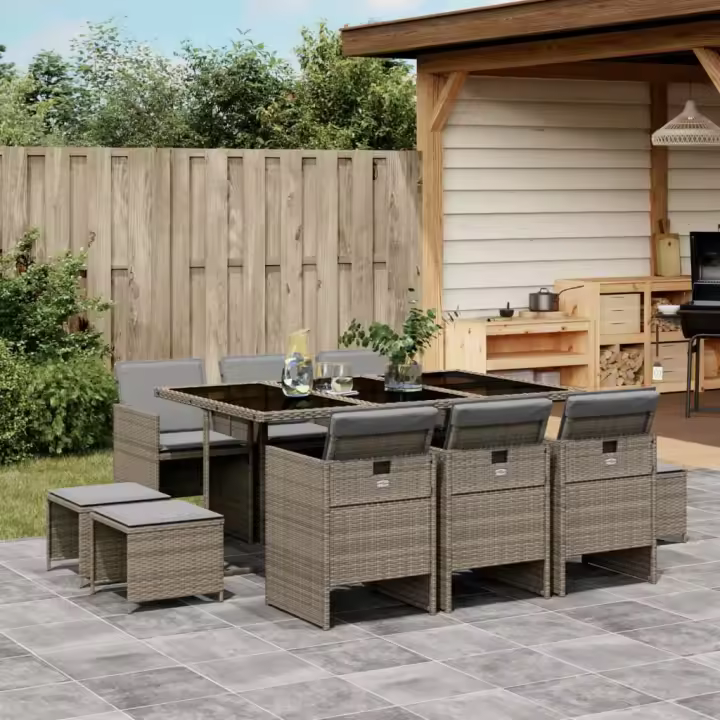 vidaXL Set de comedor de jardín 11 pzas y cojines ratán sintético gris - 1