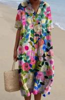 Vestido Midi De Algodón Y Lino Sólido Para Mujer Estilo Casual Verano Manga Corta Cuello En V Vestido De Playa Vacaciones - details 1