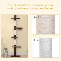 PawHut Árbol Rascador para Gatos 40x34x230-260 cm Árbol Escalador de Gato para Fijar al Techo Altura Ajustable con Plataformas Hamaca y Postes de Sisal Beige - details 5
