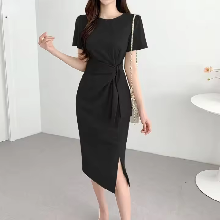 Vestido Bodycon Elegante De Verano ZANZEA Para Mujer Con Manga Corta Y Brecha En El Costado Vestido De Trabajo OL Con Cierre De Cremallera Y Decoración De Encaje Vestido Midi De Polyester - 1