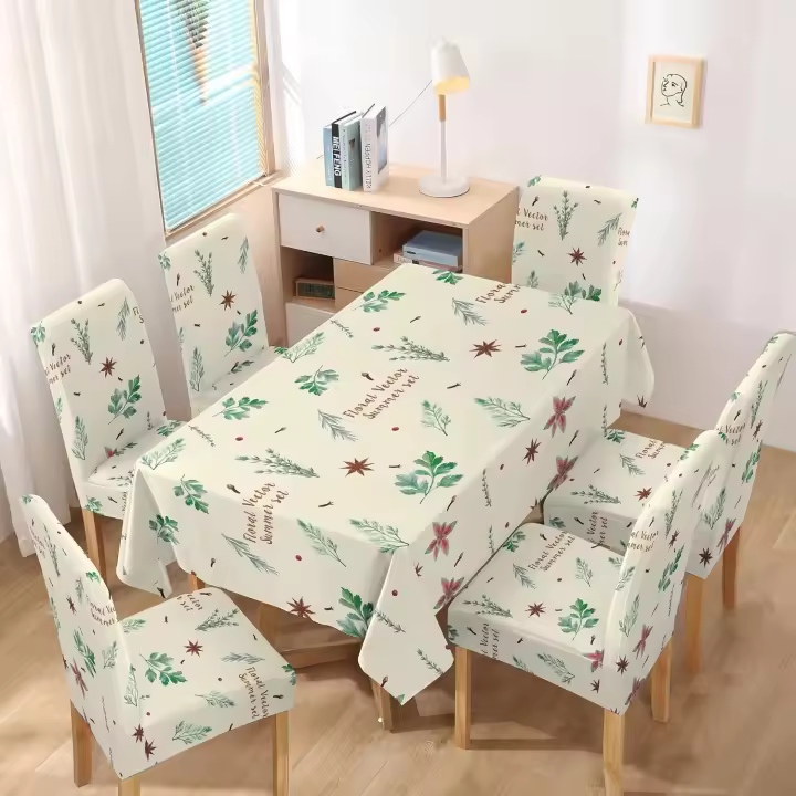 TODOBIEN STORE - Juego de Mantal y Funda de Silla, Mantel de Mesa Rectangulo 140 x 220, 6 Fundas para Silla con Elastico, 100% Poliester, Estampado Moderno. - 1