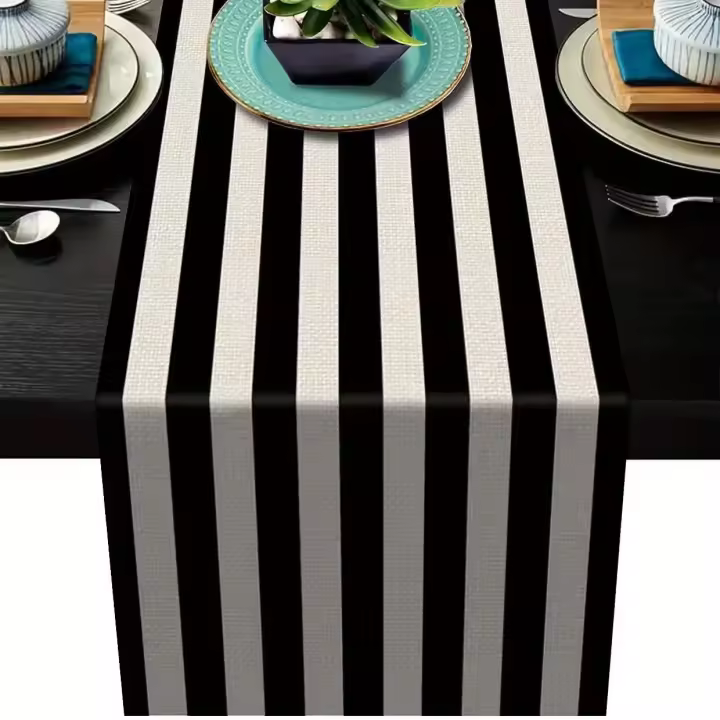 Mantel Vintage Clásico Sencillo Moderno En Blanco Y Negro Con Patrón De Cuadros Y Rayas Geométricas Telar De Lino Para Decoración Del Hogar Tamaño 183x33cm - 1