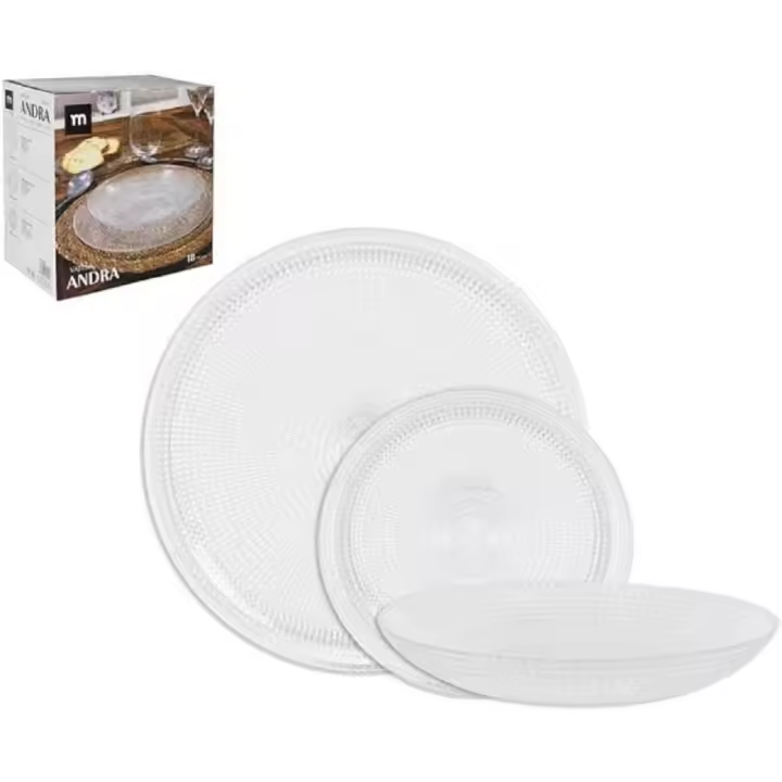 LA MEDITERRÀNEA, Vajilla de 18 pcs "ANDRA" Transparente,Material Vidrio , 6 platos llano(26.5cm), 6 platos hondos(21.5cm), 6 platos postre(19cm) - 1