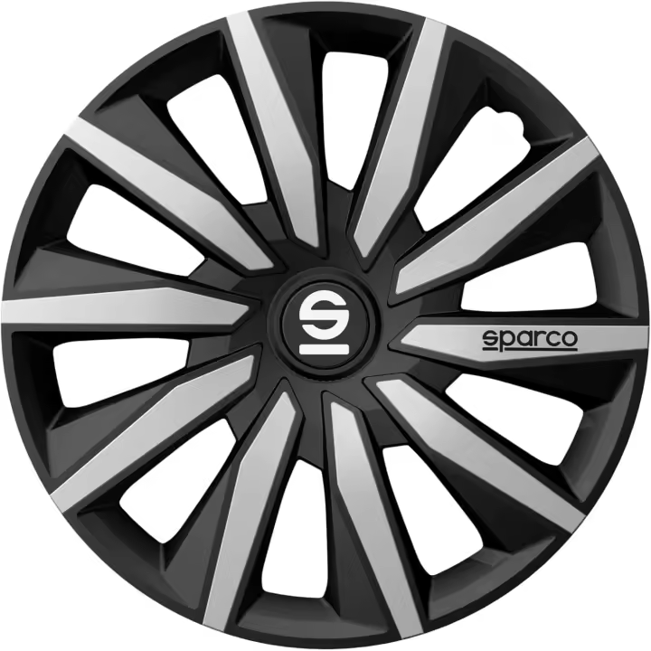 Sparco Juego de 4 Tapacubos de 16” Modelo Milano Negro/Plata. Diseño Deportivo para Las Llantas de tu Coche. Fabricación Resistente y Duradera. - 1