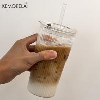 KEMORELA Tazas De Vidrio Ribbed Con Tapa Y Pajita 600ML Gran Capacidad Para Café Americano Frío Y Jugos Cerveza - details 5
