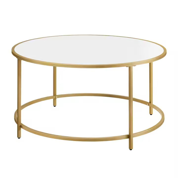 Mesa de centro moderna, diseño redondo elegante con tapa blanca y estructura dorada, ideal para salón, diámetro 84 cm - 1