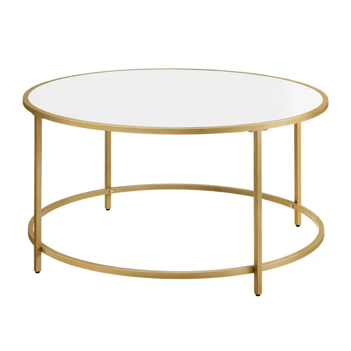 Mesa de centro moderna, diseño redondo elegante con tapa blanca y estructura dorada, ideal para salón, diámetro 84 cm - 1