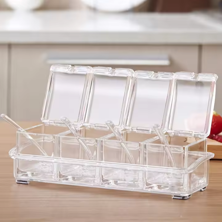 Juego De Contenedores Para Condimentos De Plástico PET Translúcido De Cuatro En Uno Con Cuchara Y Botella Para Uso Doméstico Y De Cocina - 1
