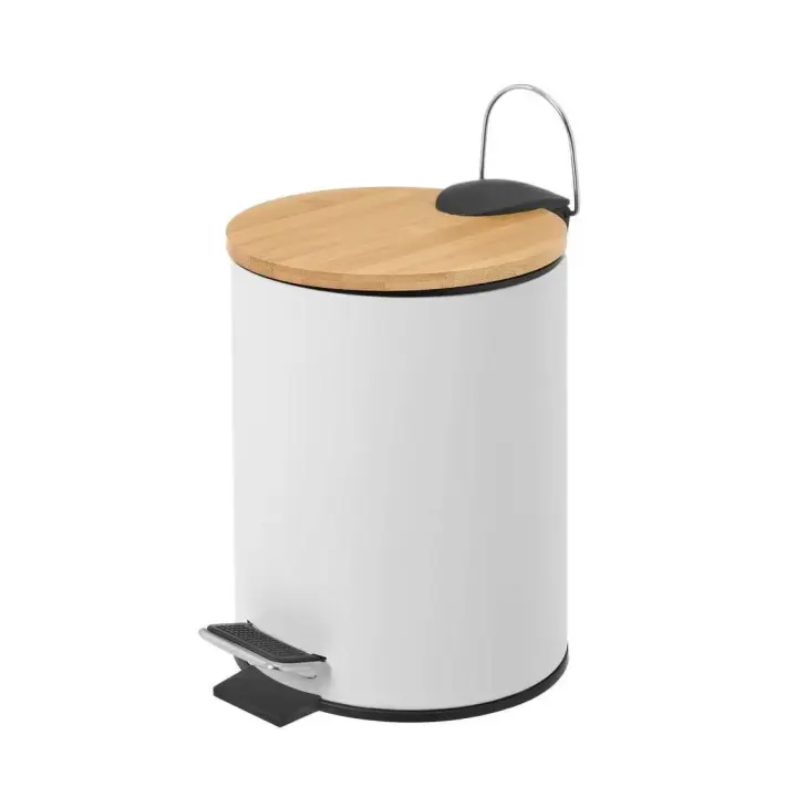 Dcasa Papelera de pedal blanca de bambú y metal de 3 litros - 1