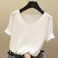 Camiseta De Mujer De Verano Con Cuello En V Y Manga Corta Tejida En Color Negro Y Naranja Estilo Slim Para Ocio Casual - details 4