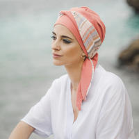 Pañuelo oncológico cintas largas SMOOTH MEDITERRANEO CORAL - Carebell Headwear - Tejido de bambú - details 2