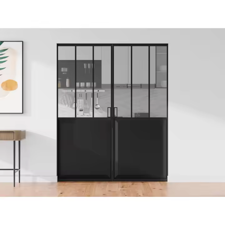 Vente-unique - Puerta corredera doble tipo taller con riel - Negro y vidrio templado - 2 x Alt. 205 x Ancho 93 cm - ARTISTO II - 1