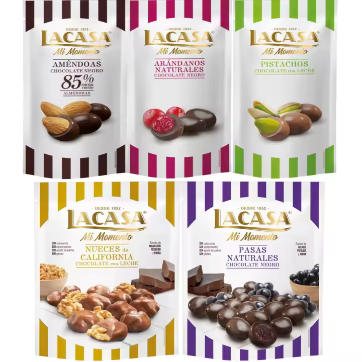 Lacasa Mi Momento pack de 5:Arándano  Negro 60 G,Pistacho  Leche 50 G,Almendra 85% 65 G,Nueces  Leche 115 G,Pasas  Negro 150 G - 1