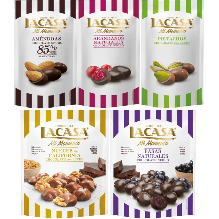 Lacasa Mi Momento pack de 5:Arándano  Negro 60 G,Pistacho  Leche 50 G,Almendra 85% 65 G,Nueces  Leche 115 G,Pasas  Negro 150 G - 1