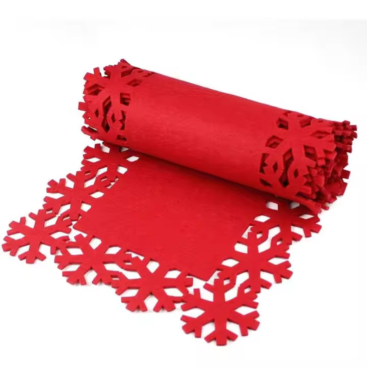 Camino de mesa de fieltro rojo de lujo de 1,8 m con diseño de borde de copo de nieve - Vajilla navideña - Accesorios de comedor - 1