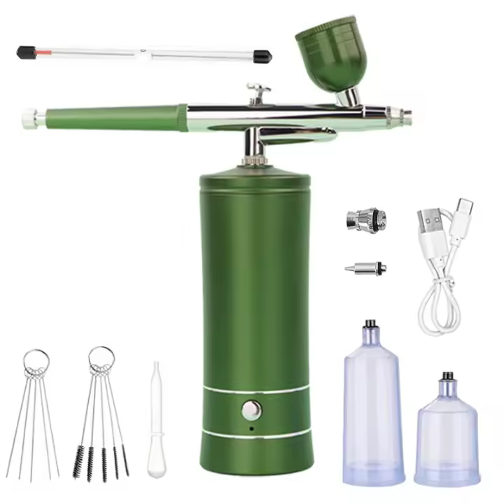 Kit de aerógrafo con compresor - Juego de aerógrafo de alta presión antiobstruccionista recargable de 48 PSI con Boquilla de 0,3mm y juego de Auriculares de Limpieza para Arte de uñas, maquillaje, Pintura, decoración de pastas (verde) - 1