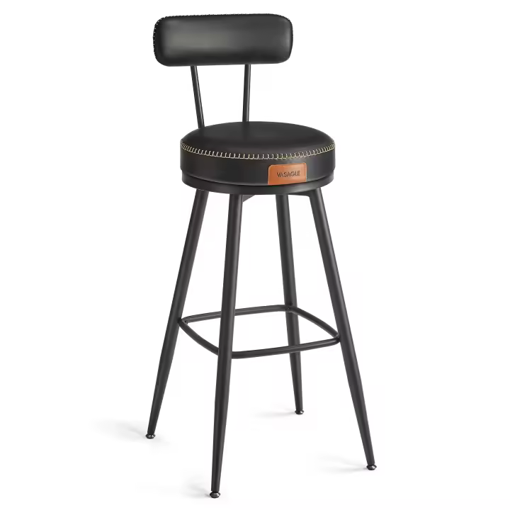 VASAGLE EKHO Colección - Juego de 2 Taburetes de Bar, Sillas Giratorias de Barra con Respaldo, Cuero Sintético con Costuras, Moderno Siglo Medio, Altura 76 cm, Barra Cocina, Negro Tinta/Marrón Caramelo - 1