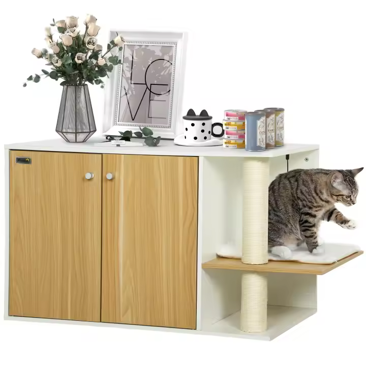 PawHut Mueble Arenero para Gatos 3 en 1 Nido Mesa Auxiliar Caja de Arena para Gatos con Puertas Cojín Poste para Rascar y Centro de Juegos para Salón Dormitorio 94x48x50,5 cm Roble y Blanco - 1