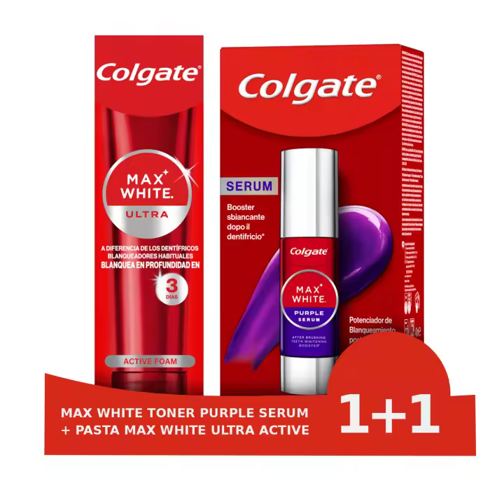 Colgate Pasta de Dientes Blanqueadora Max White Ultra Active Foam + Max White Sérum Blanqueador Morado - 1