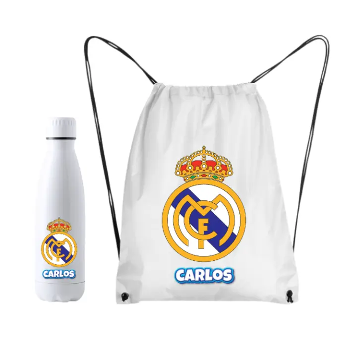 Equpo de futbol R. Madrid Mochila+Botella termo 700ML + taza 350ML + llavero - (DEJAR NOMBRE EN CHAT O NOTAS) Regalo para hombre o mujer o niño - 1