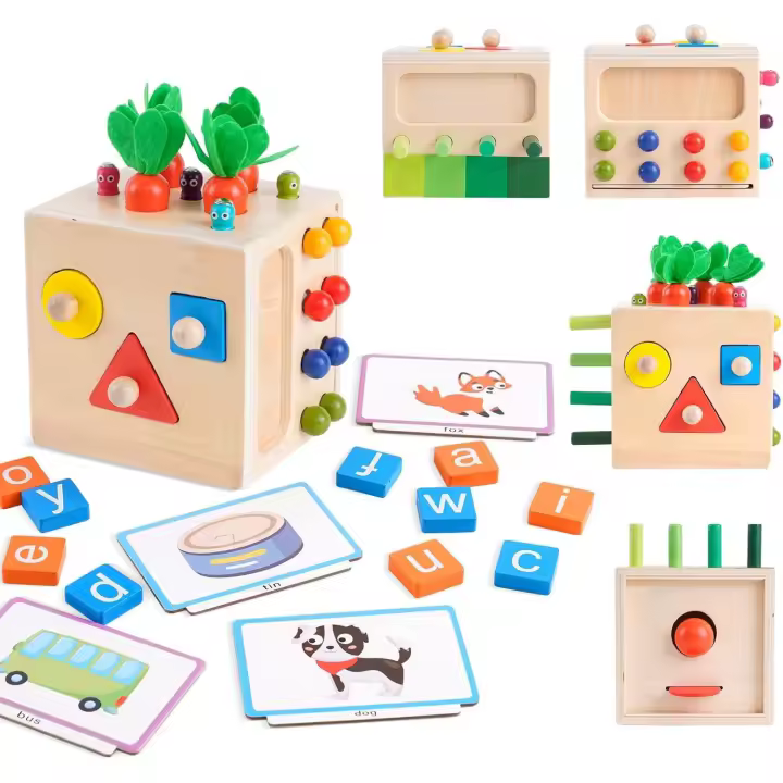 Juguete clasificador de formas de madera, cubeta de actividades de madera, juguetes Montessori, juguete de cosecha de zanahoria, clasificador de formas de color a juego para niños pequeños y niñas, 1 2 3 4 5 - 1