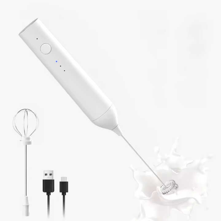 Potente Espumador eléctrico de Leche con varita y accesorios de Batidor de Leche de 3 velvidades, Espumador de leche manejado para Café, proteína en Polvo (Blanco sin soporte) - 1