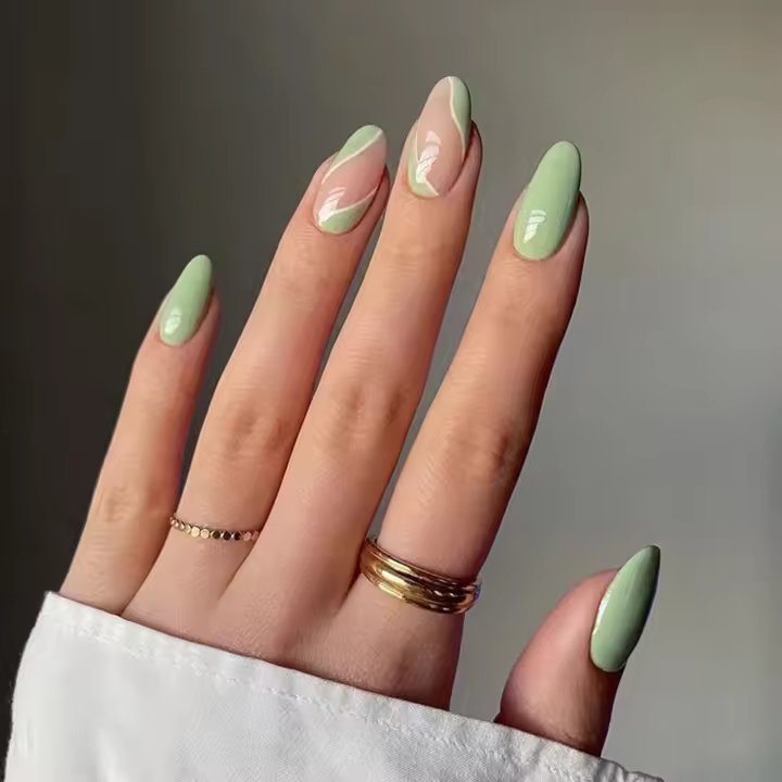 24 uñas postizas - Uñas Francesas almendradas, medianas y largas - Diseño de Ondas Verdes with Kit de manicura - Uñas adhesivas para Mujer - 1