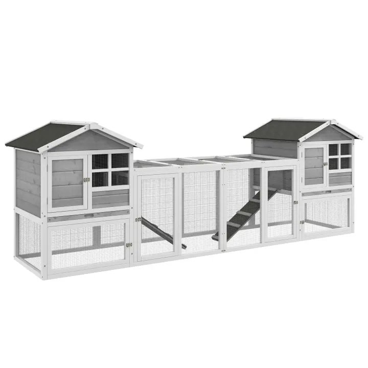 PawHut Conejera para animales pequeños de madera, caseta para conejos con recinto exterior, rampa, casita para animales pequeños con bandeja de suelo, jaula para animales pequeños para interior y exterior, gris, 259 x 64 x 92 cm - 1