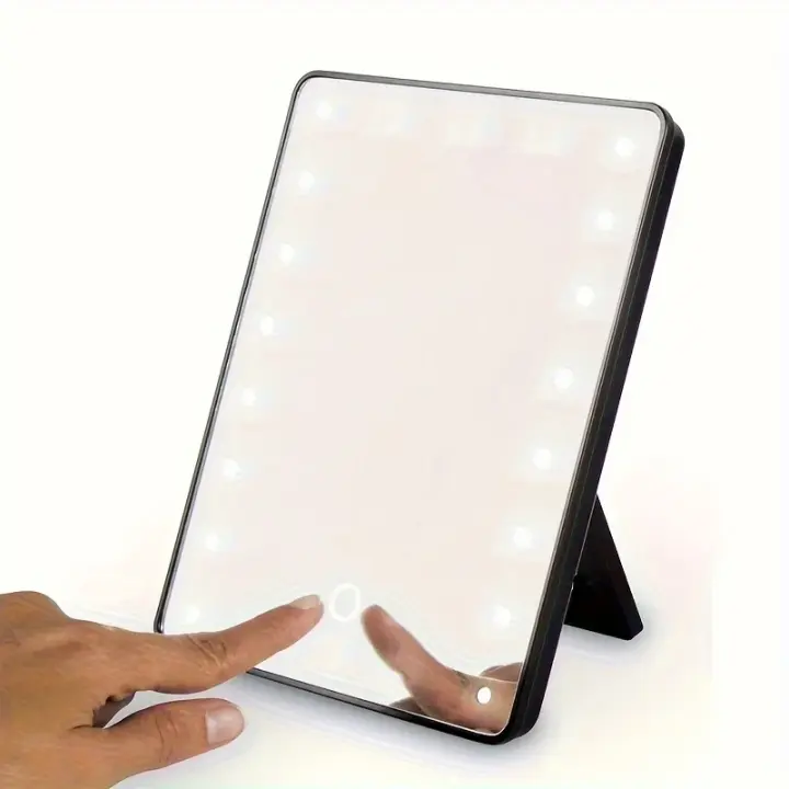 Espejo De Maquillaje Portátil Con Luz Y Rotación De 360 Grados Espejo Cuadrado De Plástico Iluminado Con Interruptor Táctil Plateado - 1