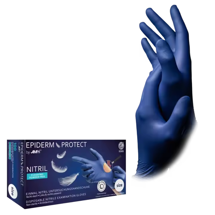 Guantes de nitrilo sin aceleradores, azul metálico sin polvo,Epiderm Protect LIQUIDACION STOCK CADUCIDAD 06/2025 - 1