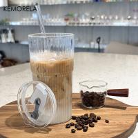 KEMORELA Tazas De Vidrio Ribbed Con Tapa Y Pajita 600ML Gran Capacidad Para Café Americano Frío Y Jugos Cerveza - details 3