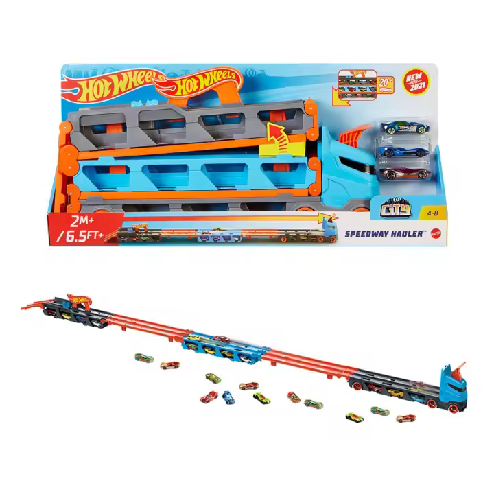 Hot Wheels Camión de transporte convertible en pista para coches de . almacena 20 vehículos. incluye 3 die-casts (Mattel GVG37) - 1