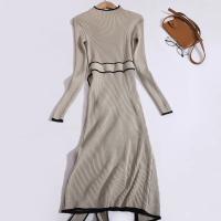 Vestido Bandage Tejido Vintage Para Mujer Con Rayas Slim De Manga Larga Estilo Elegante Para Oficina Vestido Irregular De Cuello Alto Casual De Otoño - details 13