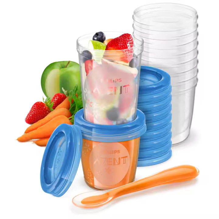Philips AVENT, Set de Almacenamiento de comida para tu Bebé. Incluye 10 recipientes de 180ml,  10 recipientes de 240ml, 20 tapas, 1 cuchara y 1 libro de recetas para tu Bebé. (SCF721/20) - 1