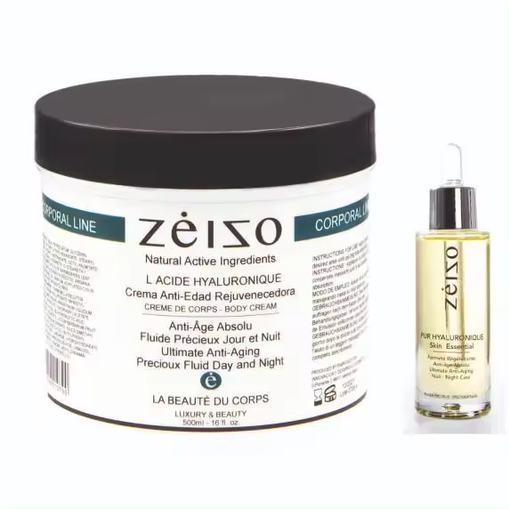 Pack Corporal Anti-Edad con Sérum y Crema de Ácido Hialurónico para hidratación profunda y regeneración celular - Marca Zeizo - 1