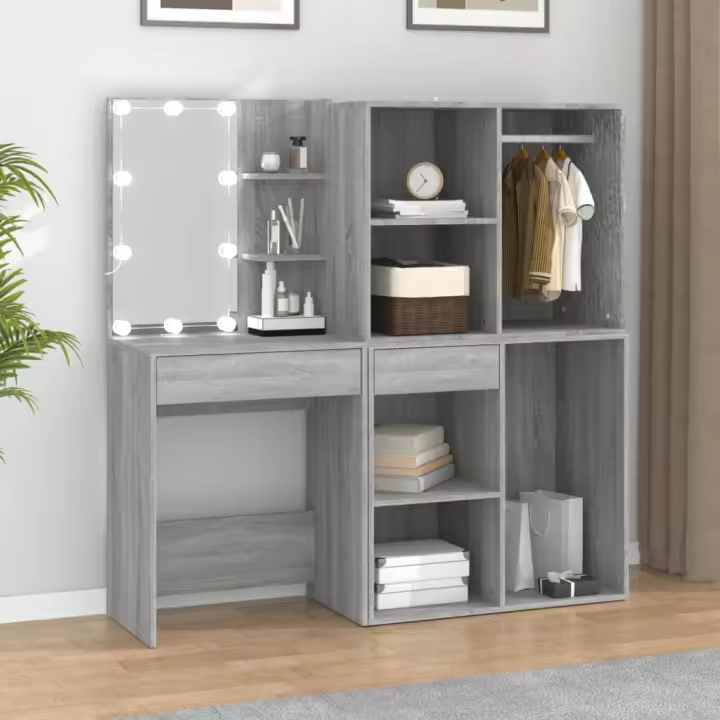 vidaXL Tocador con LED y armario madera contrachapada en color Gris sonoma/Roble ahumado | almacenamiento funcional diseño moderno para baño dormitorio sala - 1