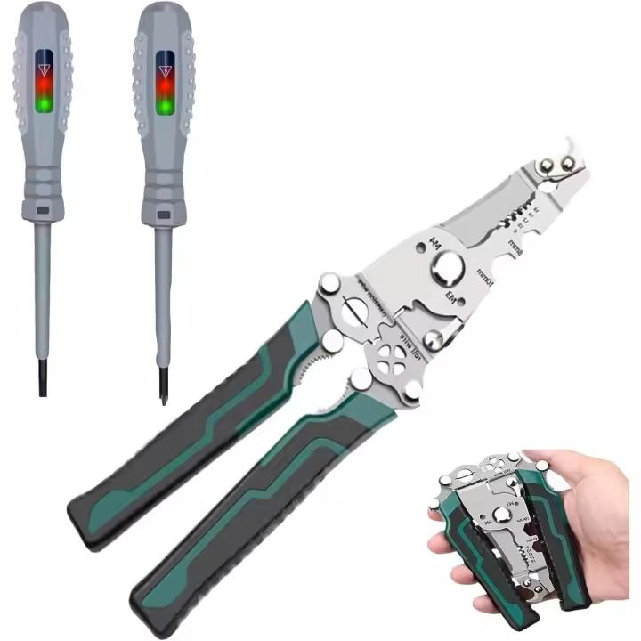 Herramienta versátil plegable 18 en 1 - Pelacables y herramienta de engarzado, 2 destornilladores magnéticos 2 en 1 de alto par - Detector de electricidad y probador de voltaje - 1
