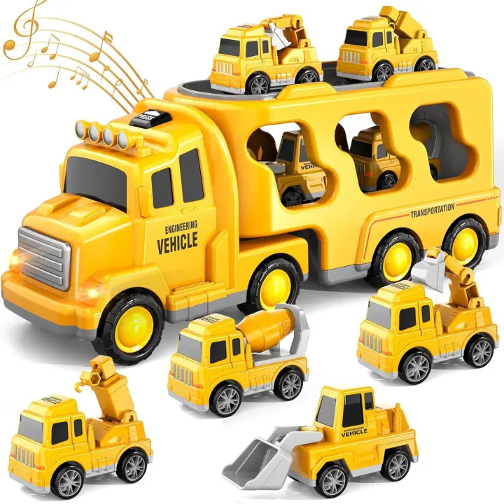 Camión de juguete 7 en 1 con motor de fricción, camión de bomberos, camión de construcción, camión de policía, regalo de cumpleaños para niños, amarillo - 1