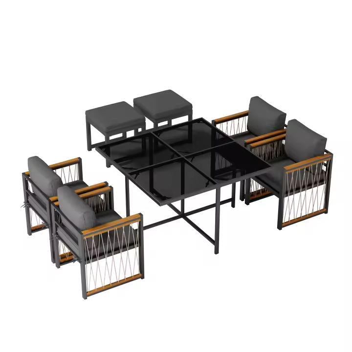 Juego de Mesa y sillas de exterior de 7 piezas, para 6 personas, Mesa de Cristal Templado, tablero de Madera de Acacia con reposabrazos, ideal para ir en el patio o El Jardín - 1