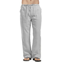 Pantalones Largos De Lino Para Hombre Verano Pantalones Deportivos Casuales Elásticos Ligeros Con Cierre De Cordón Color Sólido - details 2