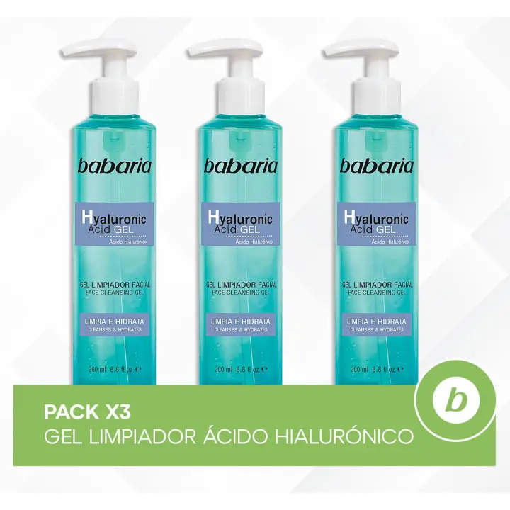 Babaria Pack 3x Gel Limpiador Ácido Hialurónico: Limpieza Profunda, Hidratación y Piel Suave para Todo Tipo de Pieles - 1