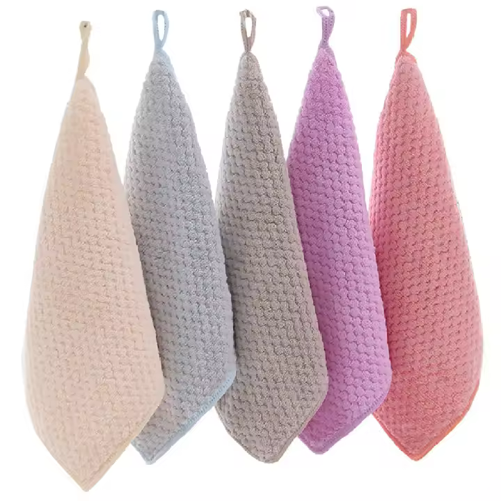 Toalla de mano de 5 piezas con lazo Toalla de mano suave de secado rápido para cocina Toallas de mano finas y cuadradas para colgar con toallas de mano pequeñas y secas colgantes (5 COLORES) - 1