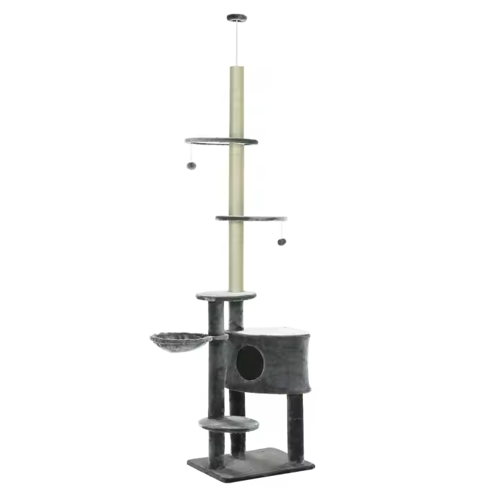 PawHut Árbol Rascador para Gatos de 220-265 cm Altura Ajustable al Techo con Plataformas Bolas de Juego Poste de Sisal Natural Gris Oscuro - 1