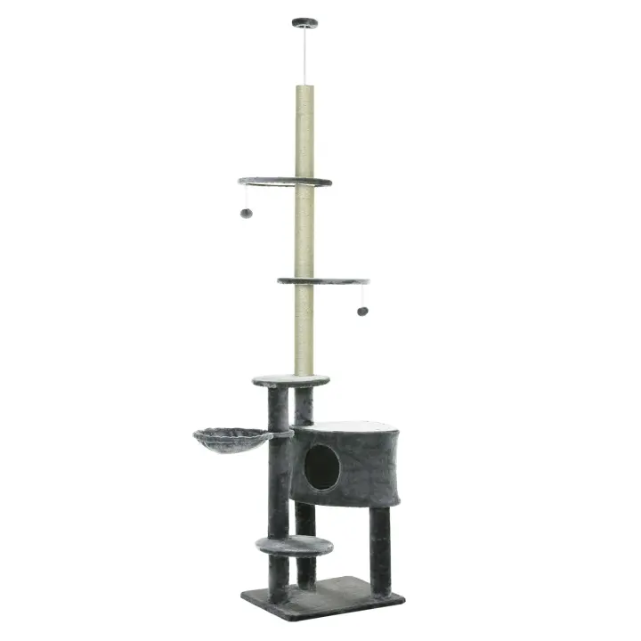 PawHut Árbol Rascador para Gatos de 220-265 cm Altura Ajustable al Techo con Plataformas Bolas de Juego Poste de Sisal Natural Gris Oscuro - 1