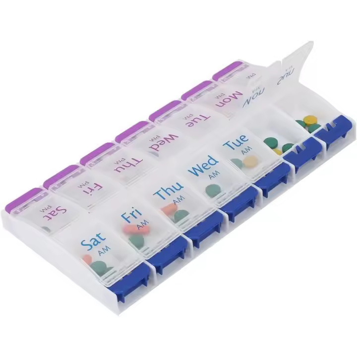 Pastillero Semanal, grande con pulsador, dispensador de caja de tabletas de vitamina de apertura por AM/PM, 7 días - 1