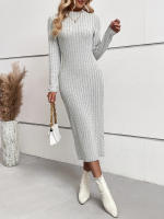 Vestido Midi De Cuello Redondo Para Mujer Elegante Y Moderno Con Ribbed Detalle En Glúteos Estilo Casual Polyester A-Line - details 3