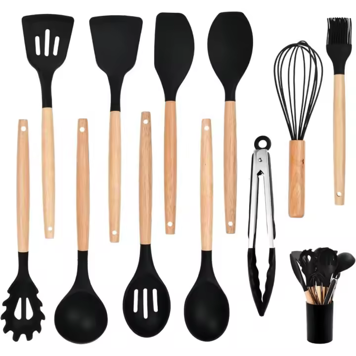 Juego de Utensilios de Cocina,12 Piezas Utensilios Cocinar con Soporte para Utensilios,Resistentes al Calor,Espátula Accesorios Antiadherente con Mango de Madera,Aptas para el lavavajillas Negro - 1